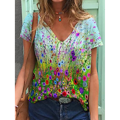 

Women's T shirt Graphic Print V Neck Tops Basic Beach Basic Top Blue Purple Green