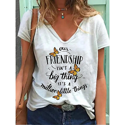 

Women's T shirt Letter Print V Neck Tops Cotton Basic Basic Top White