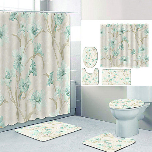 

Light Blue Flower Digital Printing Four-piece Set Shower Curtains and Hooks Modern Polyester Machine Made Waterproof Bathroom