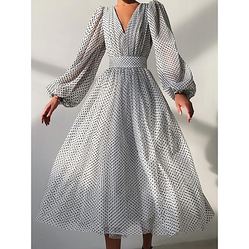 

Women's Swing Dress Maxi long Dress Blue Blushing Pink Khaki Green White Black Red Long Sleeve Polka Dot Print Fall Summer V Neck Elegant Casual Puff Sleeve 2021 S M L XL