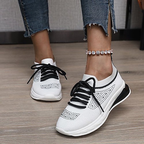 

Women's Trainers Athletic Shoes Flat Heel Round Toe Running Shoes Elastic Fabric Tissage Volant Rhinestone Solid Colored Yellow Black Blue