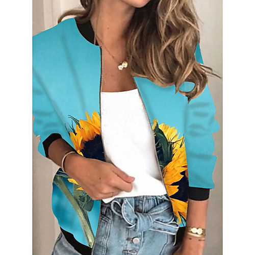 

Women's Jacket Daily Fall Spring Regular Coat Regular Fit Casual Jacket Long Sleeve Floral Print Blue