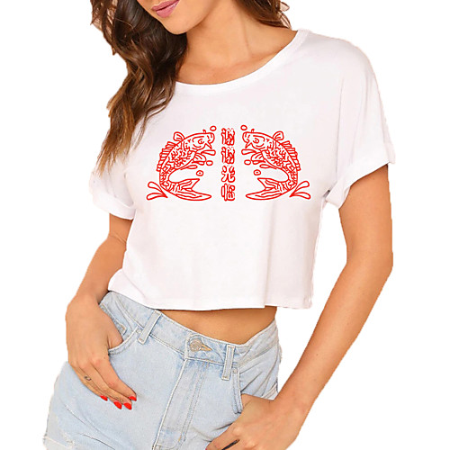 

Women's Crop Tshirt Graphic Text Print Round Neck Tops 100% Cotton Basic Basic Top White Black