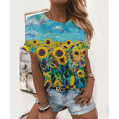 

Women's T shirt Floral Scenery Print Round Neck Tops Basic Basic Top Blue Green