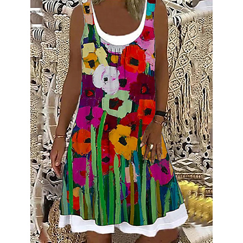 

Women's Shift Dress Knee Length Dress Red Sleeveless Floral Print Spring Summer Boat Neck Casual Holiday 2021 S M L XL XXL 3XL