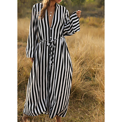 

Women's Swing Dress Maxi long Dress Yellow Blushing Pink Black Red Long Sleeve Striped Fall Summer V Neck Elegant Casual 2021 S M L XL