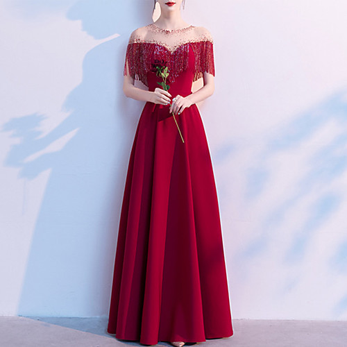 

A-Line Glittering Elegant Engagement Formal Evening Dress Illusion Neck Half Sleeve Floor Length Stretch Fabric with Crystals Tassel 2021