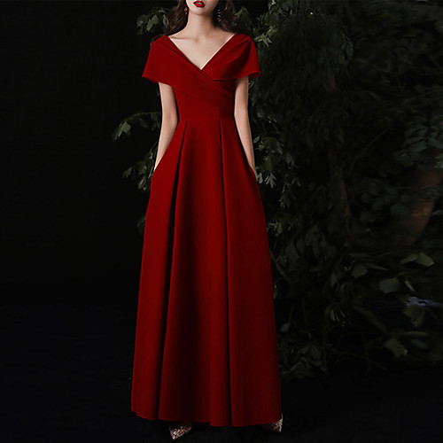 

A-Line Minimalist Elegant Wedding Guest Formal Evening Dress V Neck Short Sleeve Floor Length Stretch Fabric with Sleek 2021