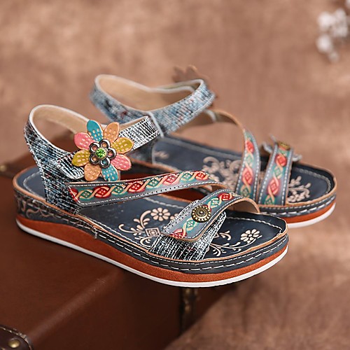 

Women's Sandals Comfort Shoes Flat Heel Round Toe PU Color Block Blue