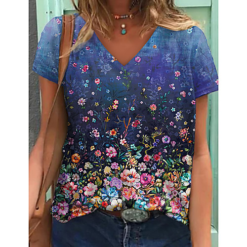 

Women's Floral Theme Painting T shirt Floral Graphic Print V Neck Basic Tops Navy Blue