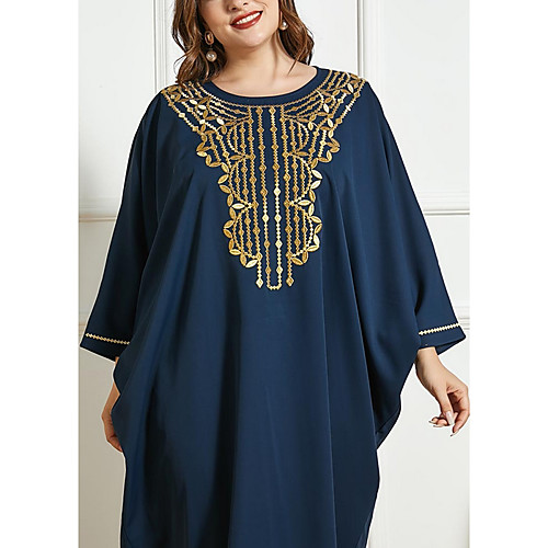 

Women's Kaftan Dress Maxi long Dress Blue Long Sleeve Print Embroidered Print Summer Round Neck Casual 2021 One-Size