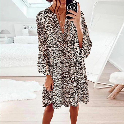 

Women's Shift Dress Knee Length Dress Brown 3/4 Length Sleeve Leopard Print Layered Smocked Bow Spring Summer V Neck Casual Holiday Lantern Sleeve Loose 2021 S M L XL XXL