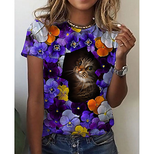 

Women's Floral Theme 3D Cat T shirt Floral Cat 3D Print Round Neck Basic Tops Purple