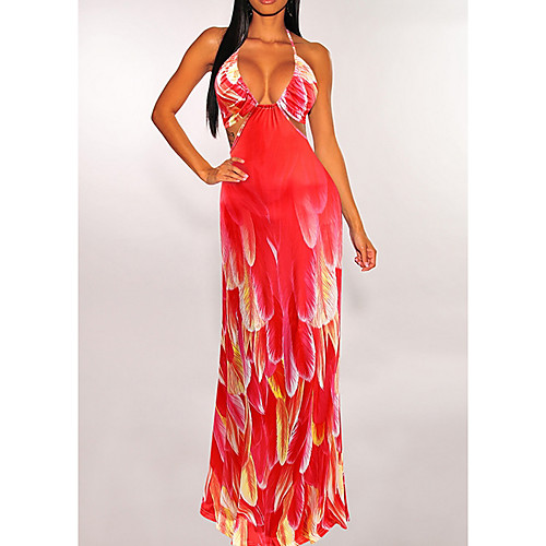 

Women's Shift Dress Maxi long Dress Red Sleeveless Floral Color Gradient Print Fall Summer Halter Neck Elegant Casual 2021 S M L XL