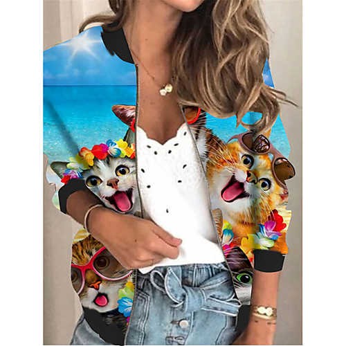 

Women's Jacket Daily Fall Spring Regular Coat V Neck Regular Fit Sporty Casual Jacket Long Sleeve Cat Print Light Blue / Holiday