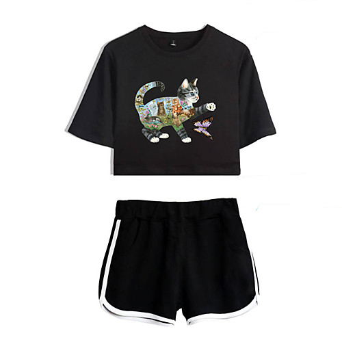 

Women's Basic Streetwear Cat Butterfly Animal Vacation Casual / Daily Two Piece Set Crop Top Tracksuit T shirt Loungewear Shorts Print Tops