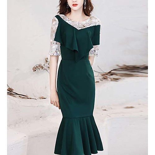 

Mermaid / Trumpet Sparkle Elegant Homecoming Cocktail Party Dress Jewel Neck Half Sleeve Knee Length Stretch Fabric with Sequin 2021