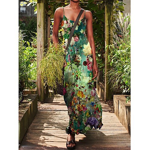 

Women's Strap Dress Maxi long Dress Sleeveless Floral Print Summer Boho Holiday Beach 2021 S M L XL