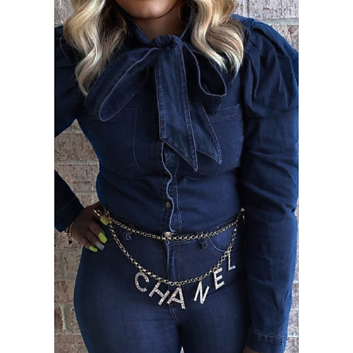 

Women's Jacket Daily Fall Spring Regular Coat Regular Fit Casual Jacket Long Sleeve Solid Colored Bow Blue / Denim