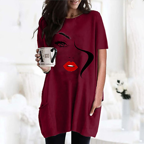 

Women's T shirt Dress Graphic Portrait Round Neck Tops Basic Basic Top Black Wine Army Green