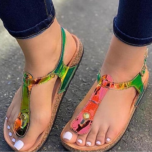 

Women's Sandals Flat Heel Round Toe Patent Leather Blue Gold Green
