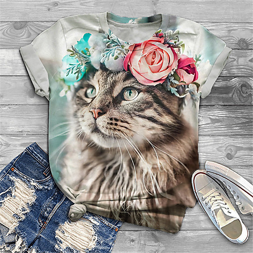 

Women's Plus Size Tops T shirt Floral Cat Graphic Print Short Sleeve Crewneck Basic Blue Big Size XL XXL 3XL 4XL 5XL / Holiday