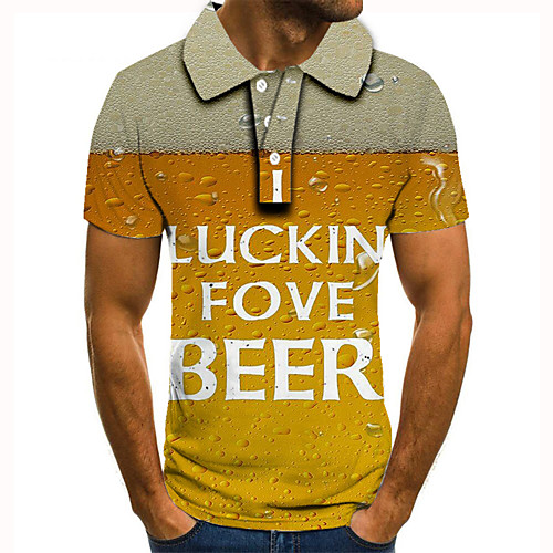 

Men's Golf Shirt Tennis Shirt 3D Print Beer Letter Button-Down Short Sleeve Street Tops Casual Fashion Cool Yellow / Sports