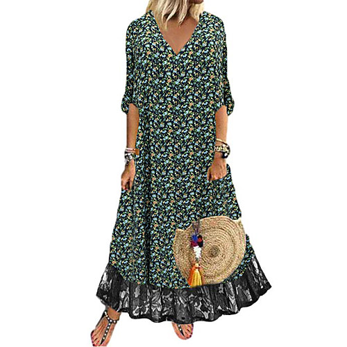 

Women's Sundress Maxi long Dress Black Half Sleeve Floral Color Block Lace Print Fall Spring V Neck Elegant Casual Holiday 2021 S M L XL XXL 3XL