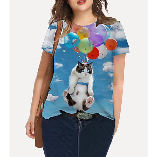 

Women's Plus Size Tops T shirt Cat Graphic Animal Print Short Sleeve Crewneck Basic Blue Big Size XL XXL 3XL 4XL 5XL / Holiday / Going out