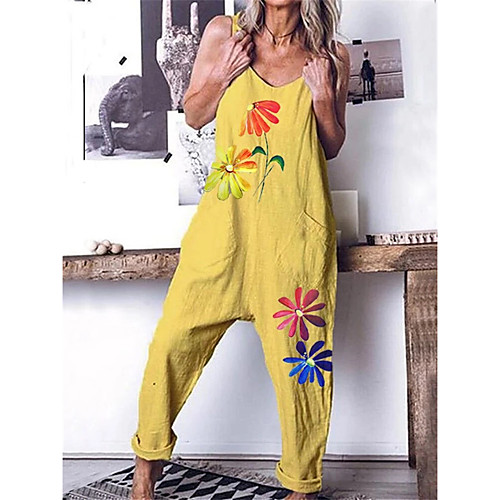 

2020 cross-border new women's summer personalized sling jumpsuit with pocket flower jumpsuit