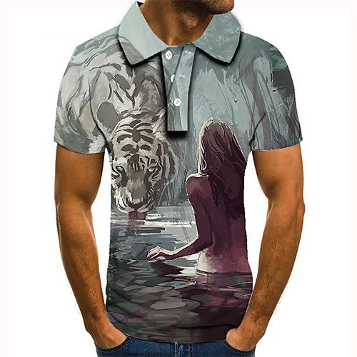 

Men's Golf Shirt Tennis Shirt 3D Print Graphic Prints Tiger Animal Button-Down Short Sleeve Street Tops Casual Fashion Cool Gray / Sports