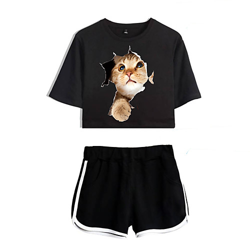 

Women's Basic Streetwear 3D Print Cat Vacation Casual / Daily Two Piece Set Crop Top Tracksuit T shirt Loungewear Shorts Print Tops