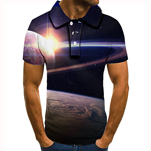 

Men's Golf Shirt Tennis Shirt 3D Print Interstellar Solar System Button-Down Short Sleeve Street Tops Casual Fashion Cool Navy Blue / Sports