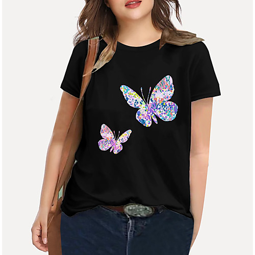 

Women's Plus Size Tops T shirt Graphic Butterfly Print Short Sleeve Crewneck Basic White Big Size XL XXL 3XL 4XL 5XL / Holiday / Going out