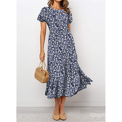 

Women's Swing Dress Midi Dress Navy Blue Short Sleeve Floral Flower Vintage Style Print Spring Summer Round Neck Vintage Style Elegant Holiday 2021 S M L XL XXL / Satin