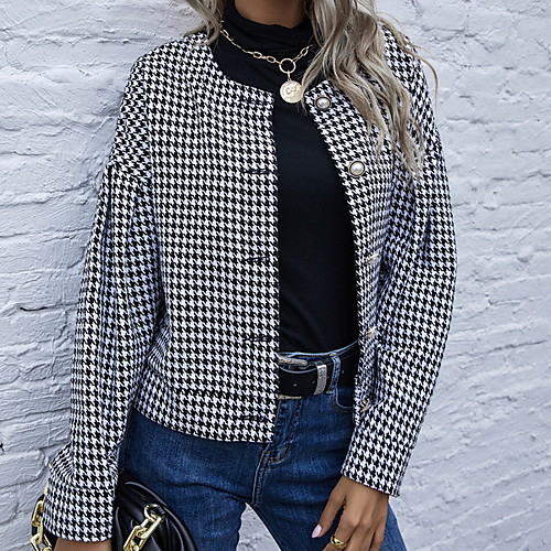 

Women's Jacket Daily Spring & Fall Short Coat Regular Fit Elegant Casual Jacket Long Sleeve Houndstooth Patchwork Black