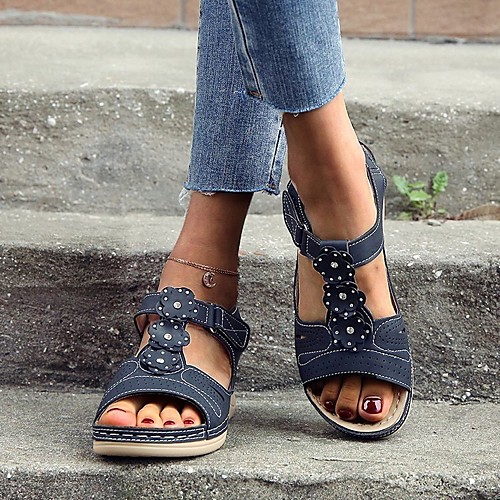 

Women's Sandals Wedge Heel Round Toe PU Floral Solid Colored Dark Brown Black Blue