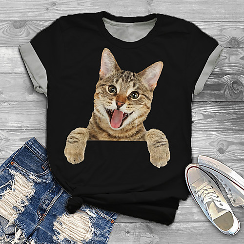 

Women's Plus Size Tops T shirt Cat Graphic Animal Print Short Sleeve Crewneck Basic White Black Big Size XL XXL 3XL 4XL 5XL / Holiday