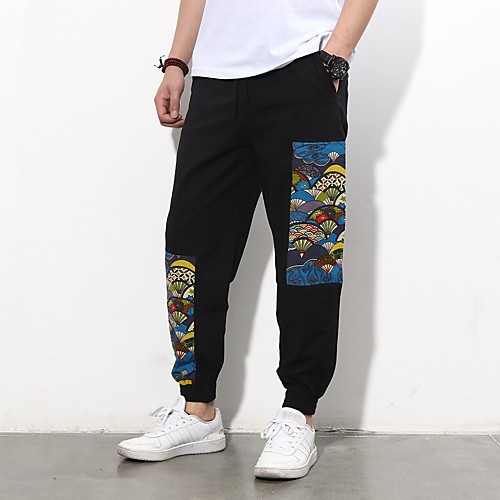 

Men's Chinoiserie Chino Comfort Breathable Loose Casual Daily Harem Loose Jogger Chinos Pants Patchwork Color Block Ankle-Length Drawstring Elastic Waist Print Red Black Green / Elasticity