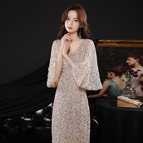 

french evening dress female banquet temperament small short fishtail sequin champagne birthday dress