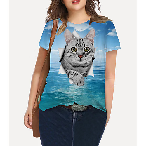 

Women's Plus Size Tops T shirt Cat Graphic Animal Print Short Sleeve Crewneck Basic Blue Big Size XL XXL 3XL 4XL 5XL / Holiday / Going out