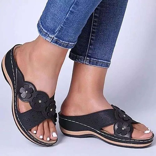 

Women's Sandals Comfort Shoes Wedge Heel Round Toe PU Beading Floral Dark Brown Black Green