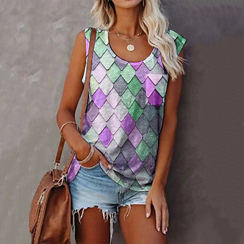 

Women's Blouse Check Print U Neck Tops Blue Purple Yellow