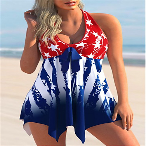 

2021 cross-border european and american style american flag printed handkerchief side swimsuit suit halter one-piece