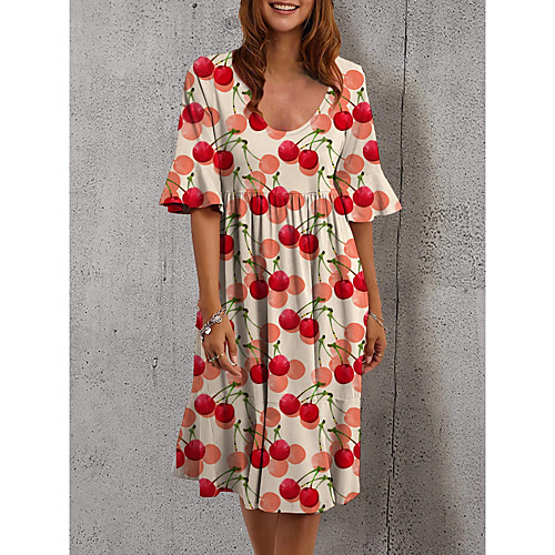 

Women's Shift Dress Knee Length Dress Blue Yellow Green Rainbow White Black Red Brown Half Sleeve Floral Print Smocked Print Spring Summer U Neck Casual Holiday Flare Cuff Sleeve Loose 2021 S M L XL