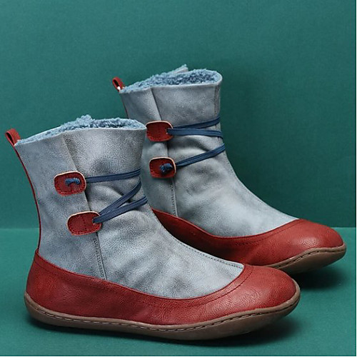 

Women's Boots Flat Heel Round Toe Mid Calf Boots PU Dark Brown Red Gray