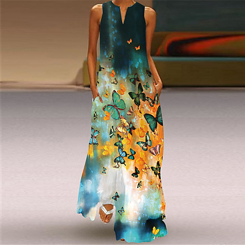 

Women's A Line Dress Maxi long Dress Sleeveless Butterfly Flower Summer V Neck Casual Loose 2021 S M L XL XXL XXXL 4XL 5XL