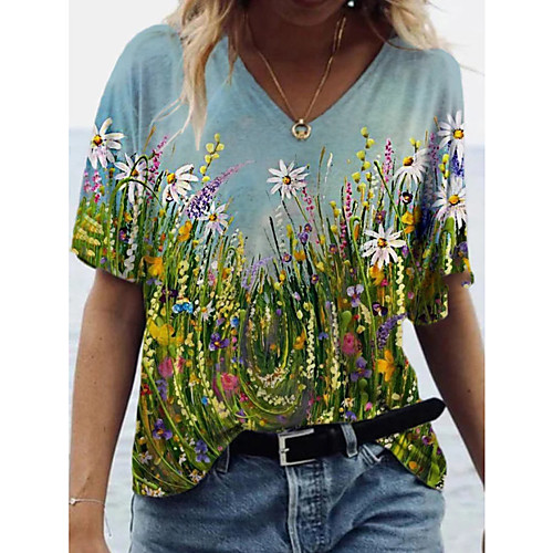 

Women's Floral Theme T shirt Floral V Neck Tops Basic Basic Top Blue
