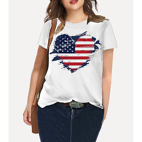 

Women's Plus Size Tops T shirt Graphic Heart Flag Print Short Sleeve Crewneck Basic White Big Size XL XXL 3XL 4XL 5XL / Holiday / Going out