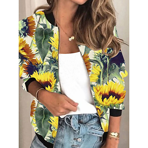 

Women's Jacket Daily Fall Spring Regular Coat Regular Fit Casual Jacket Long Sleeve Floral Print Yellow